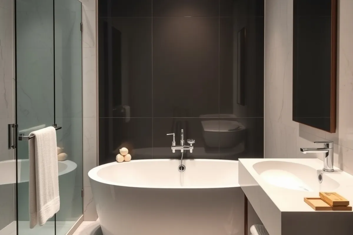 The bathroom is where the small-room design earns its keep.